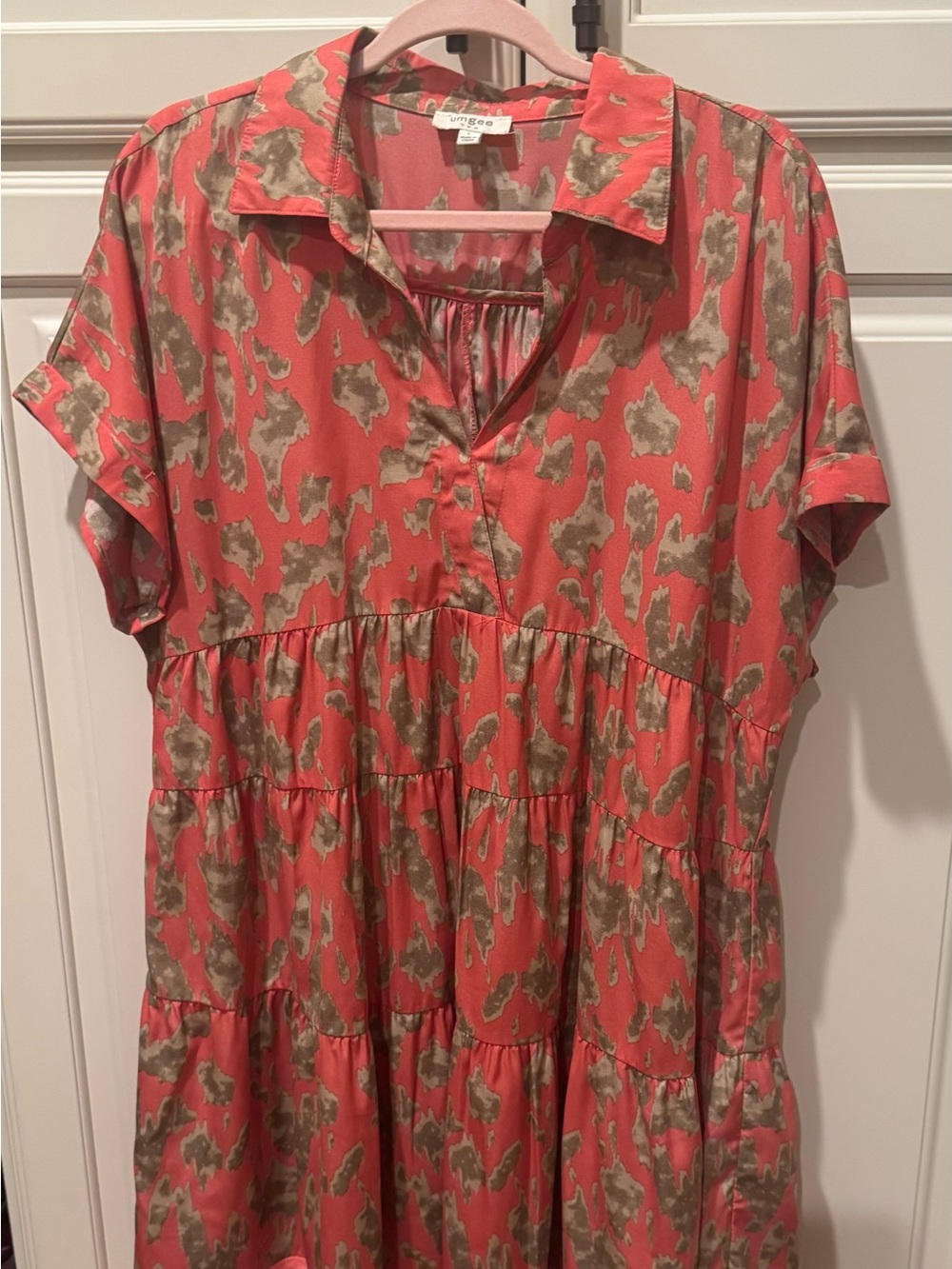 Umgee Coral and Tan Animal Print Tiered Mini Dress